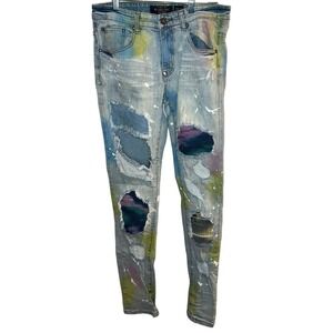 MAJESTIK mens stacked ripped paint splatter jeans Size 30 x 32
